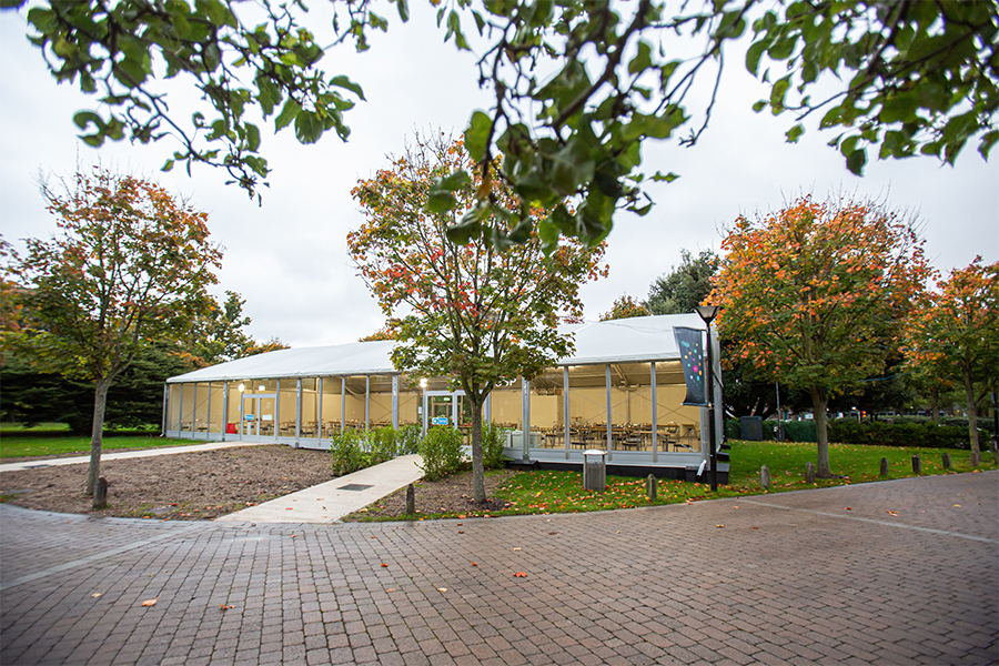 Temporary Canteen University of Southampton with glass wall panels and insulated sandwich panel walling