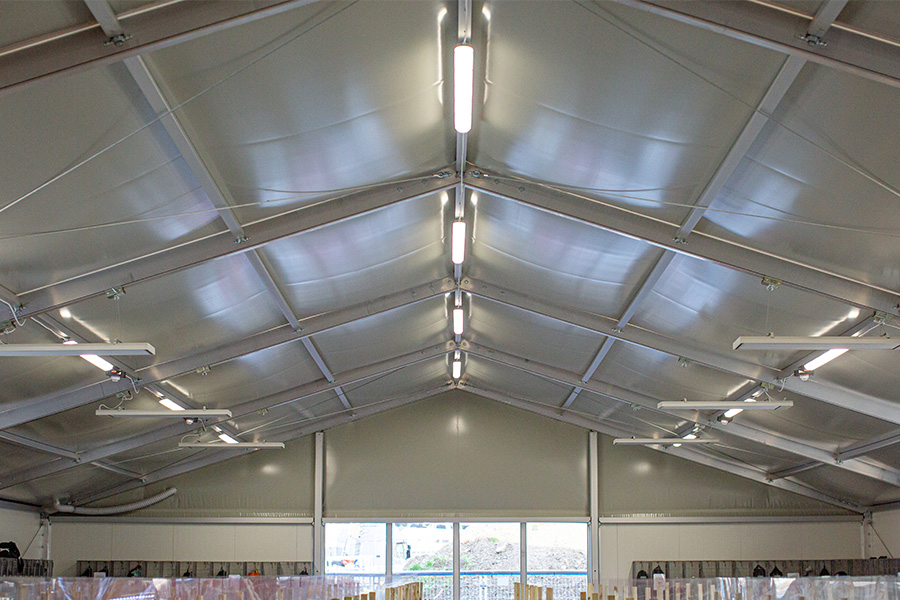 Interior of thermo insulated PVC roof with lighting fitted to purlins